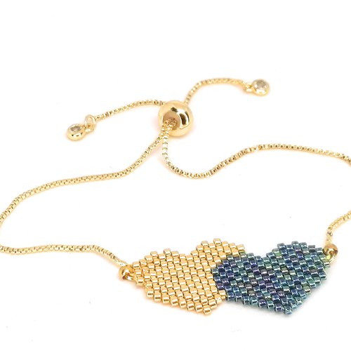 Bracelet doré, deux coeurs en perles miyuki -attache perle coulissante
