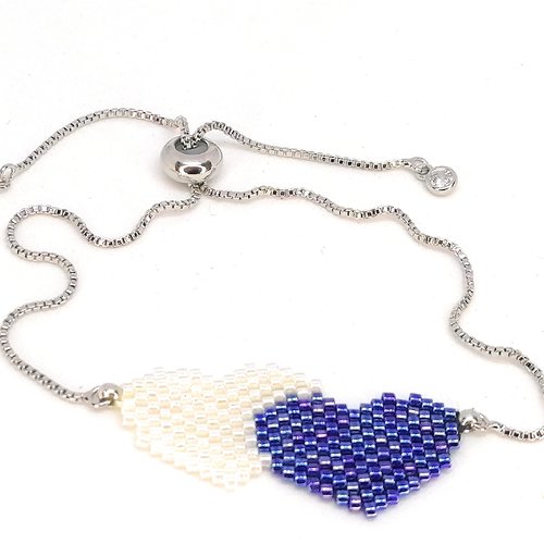 Bracelet argenté , deux coeurs en perles miyuki - attache perle coulissante