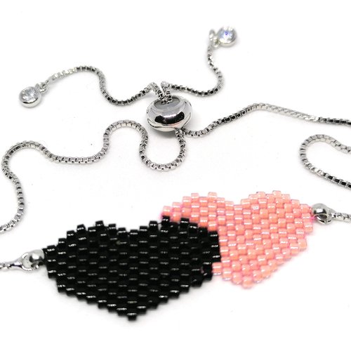Bracelet argenté , deux coeurs en perles miyuki - attache perle coulissante
