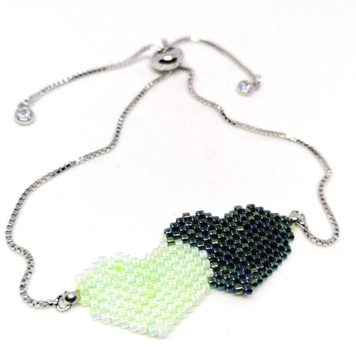 Bracelet argenté , deux coeurs en perles miyuki - attache perle coulissante