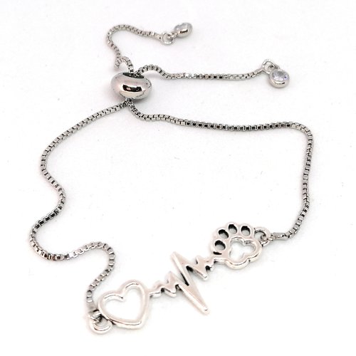 Bracelet argenté symbole vie, cœur et empreinte de patte -fermoir perle coulissante