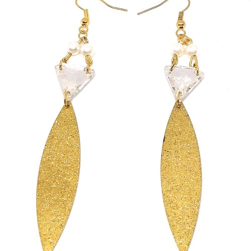 Boucles d'oreilles pendantes dorées - estampe ovale strass - perle nacrée 10cm