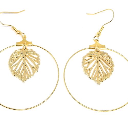 Boucles d'oreilles créoles dorées - estampe feuille