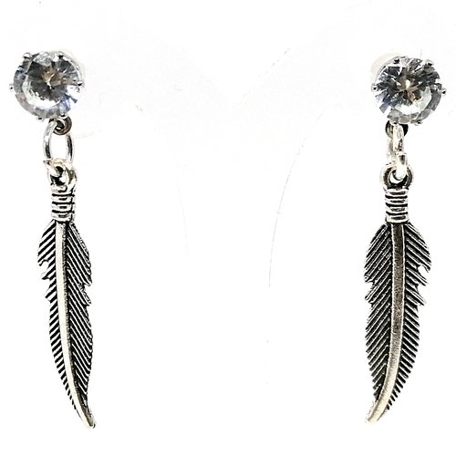 Boucles d'oreilles pendantes argentées strass et plume