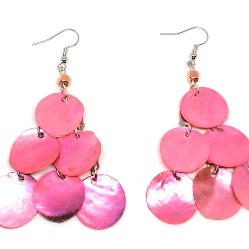 Boucles d'oreilles chandelier -sequin rose nacrée et perle rose gold