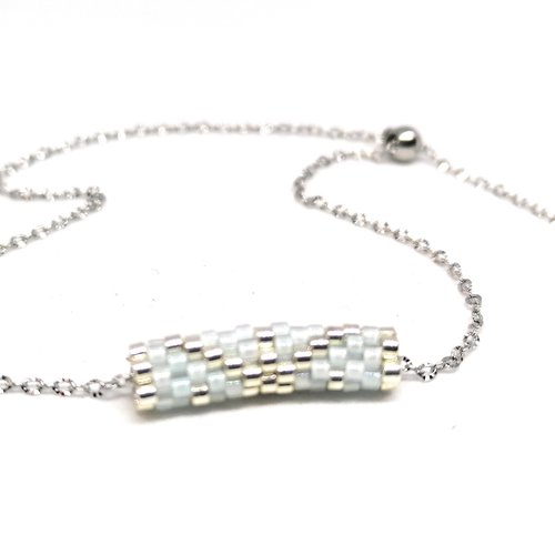 Bracelet argenté - tissage en forme de tube en perles miyuki -fermoir perle coulissante