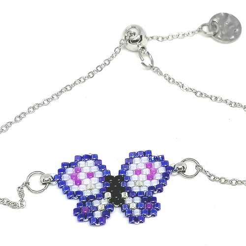 Bracelet argenté, papillon en perles miyuki