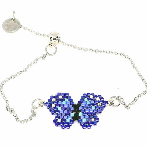 Bracelet argenté, papillon en perles miyuki