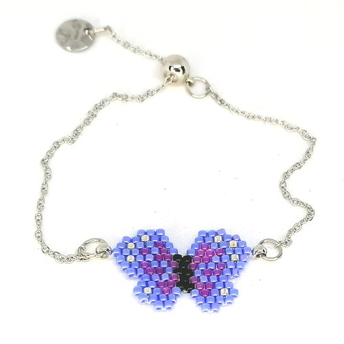 Bracelet argenté, papillon en perles miyuki