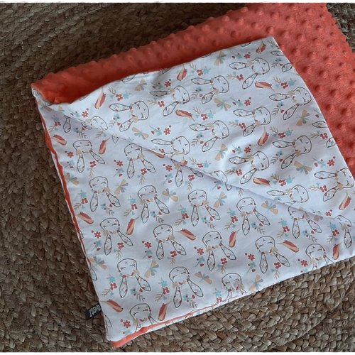 Couverture Bebe Toute Douce Coton Et Minky Cadeau Naissance Corail Petits Lapins Un Grand Marche