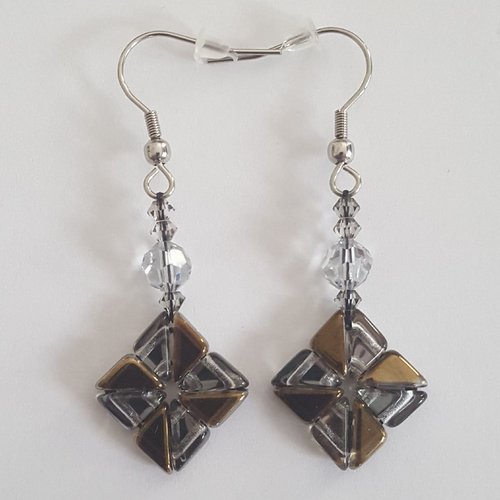 Boucles d'oreilles losanges en perles tango, cristal autrichien et acier inoxydable