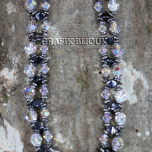 Collier avec perles en verre, cristal autrichien et acier inoxydable