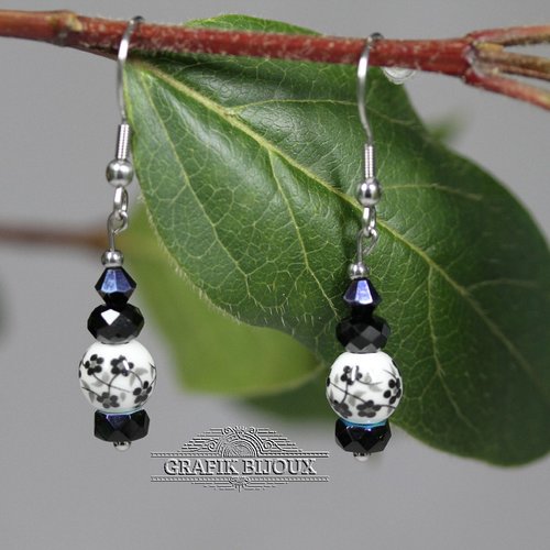 Boucles d'oreilles pendantes avec perles en céramique, cristal autrichien et acier inoxydable