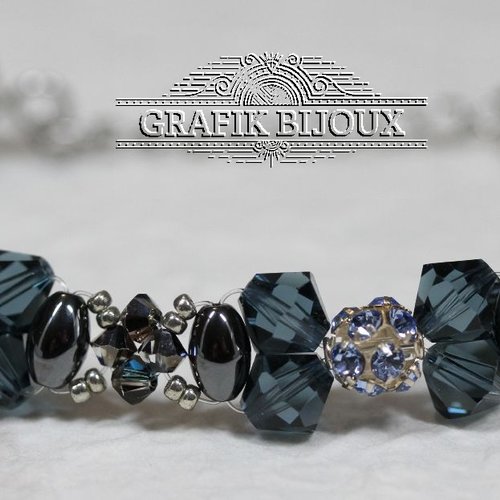 Bracelet avec perles en cristal autrichien, hématite, rocailles miyuki et acier inoxydable