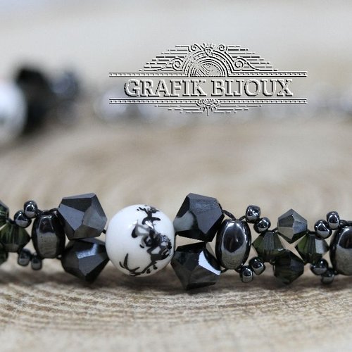 Bracelet avec perles en cristal autrichien, hématite, céramique, rocailles miyuki et acier inoxydable