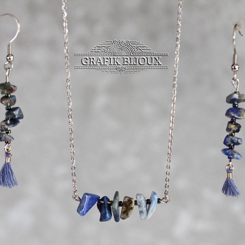 Parure en acier inoxydable, rocailles miyuki et lapis lazuli.