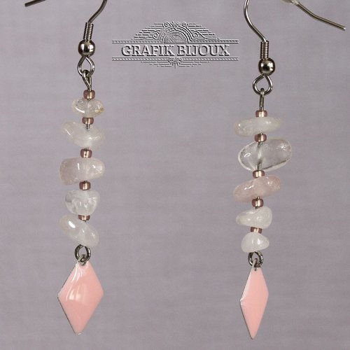 Boucles d'oreilles en acier inoxydable, rocailles miyuki et quartz rose.