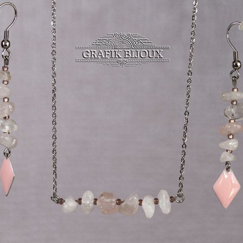 Parure en acier inoxydable, rocailles miyuki et quartz rose.