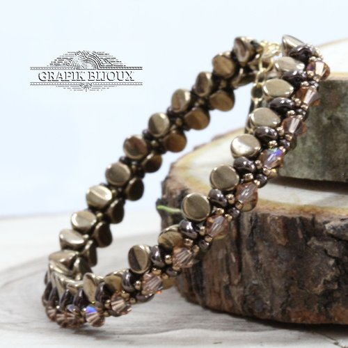 Bracelet avec perles ilos, superduo, cristal autrichien, rocailles miyuki et plaqué or