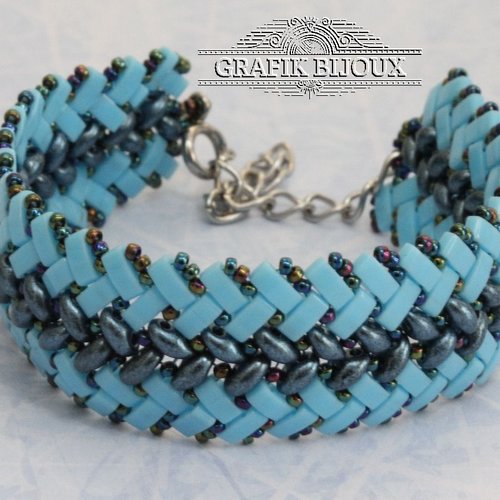 Bracelet avec perles half-tila, superduo rocailles miyuki et acier inoxydable