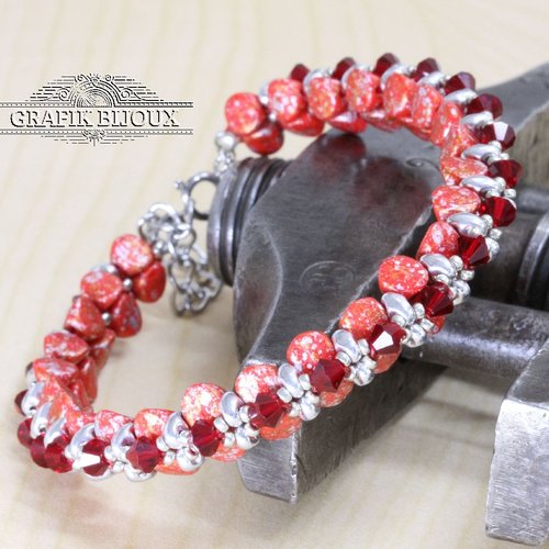 Bracelet avec perles ilos, superduo, cristal autrichien, rocailles miyuki et acier inoxydable