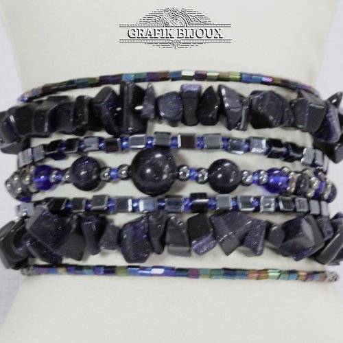 Bracelet 7 tours en acier inoxydable, blue stone, cubes et rocailles miyuki.