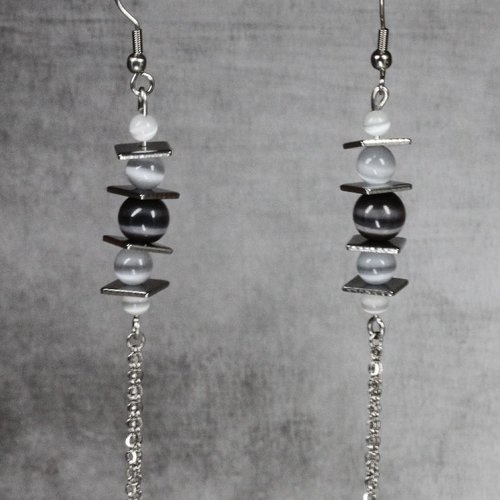 Boucles d'oreilles pendantes avec perles en verre oeil de chat, heishi et acier inoxydable
