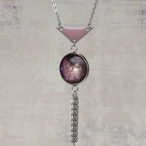 Collier cabochon en verre et acier inoxydable