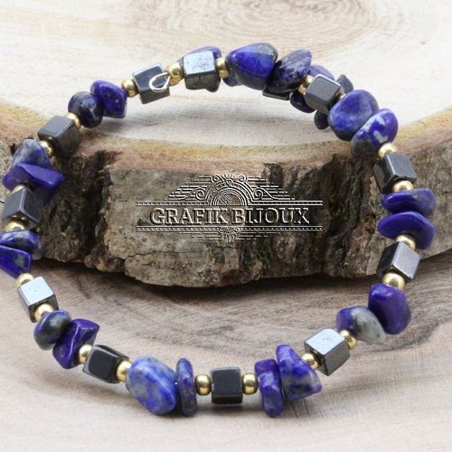 Bracelet en acier inoxydable, rocailles miyuki, hématites et lapis lazuli.
