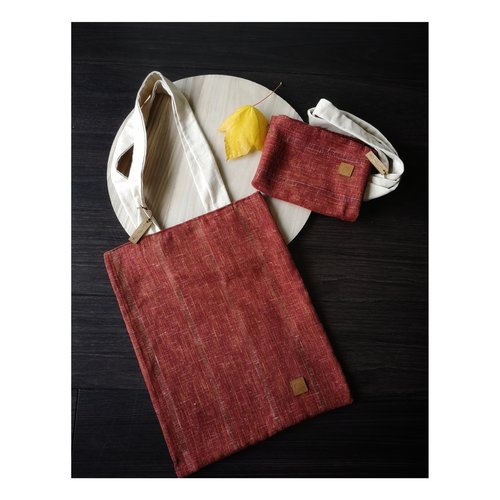 Tote bag / sac cabas tissu tissé rouge bordeaux, jaune, doré et grain de café