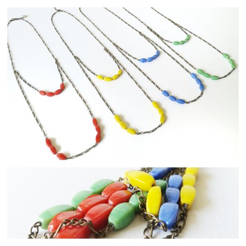 Sautoir multi-rangs chaînes bronze et perles indiennes en verre rouge/jaune/vert/bleu