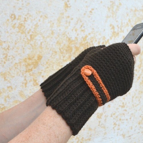 Mitaines crochetées en marron et orange, gants d'hiver en laine