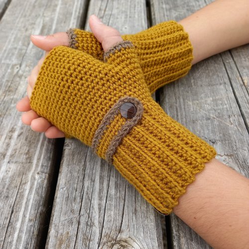 Mitaines tricotées en jaune moutarde, gants d'hiver en laine