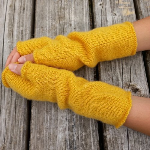Mitaines tricotées en jaune moutarde, moufles en mohair, gants extra longs