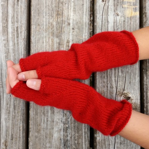 Mitaines tricotées en rouge, moufles en mohair, gants extra longs