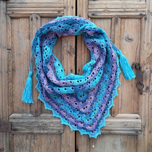 Châle en coton, chèche triangle au crochet, étole multicolor, écharpe de couleur turquoise, lilas et violette