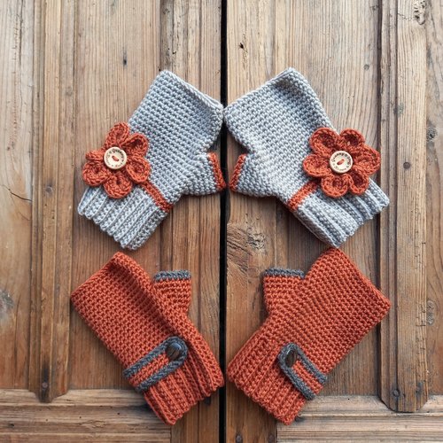 Ensemble assorti de 2 paires de mitaines courtes sans doigts tricotées à la main en beige et orange, cadeau pour elle
