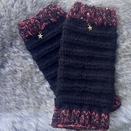 Mitaines longues noires et rouge avec paillettes /fait main/tricot