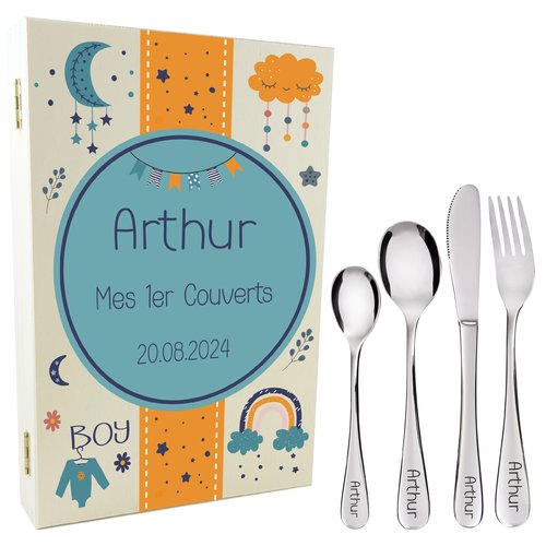 Coffret en bois blue cloud avec 4 couverts personnalisés pour enfant - prénom gravé en france - cadeau de naissance , baptême