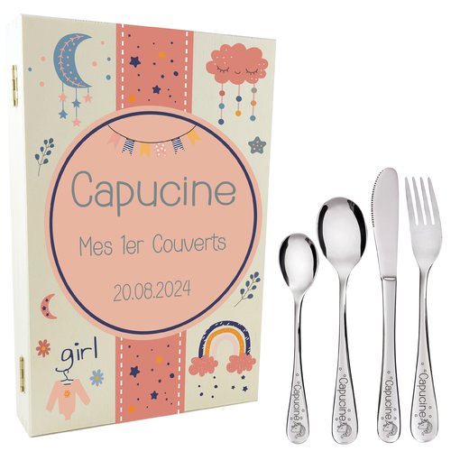 Coffret en bois pink cloud avec 4 couverts personnalisés pour enfant - prénom gravé en france - cadeau de naissance , baptême