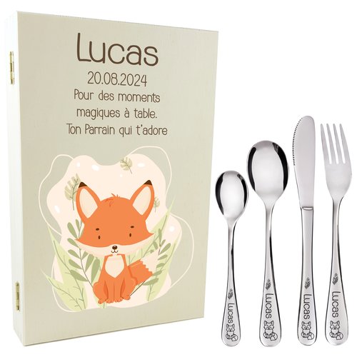 Coffret en bois renard avec 4 couverts personnalisés pour enfant - prénom gravé en france - cadeau de naissance , baptême