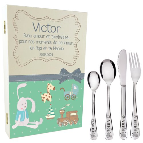 Coffret en bois  avec 4 couverts personnalisés pour enfant - prénom gravé en france - cadeau de naissance , baptême (modèle jouets)