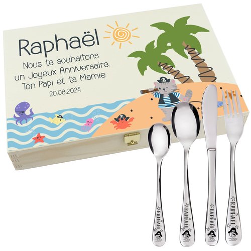 Coffret en bois avec 4 couverts personnalisés pour enfant - prénom gravé en france - cadeau de naissance , baptême (modèle ile)
