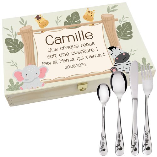Coffret en bois jungle avec 4 couverts personnalisés pour enfant - prénom gravé en france - cadeau de naissance , baptême