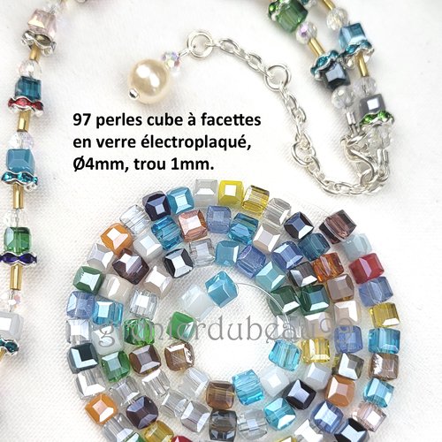 97 perles cube à facettes en verre électroplaqué, de couleurs mixte ***, ø4mm, trou 1mm.