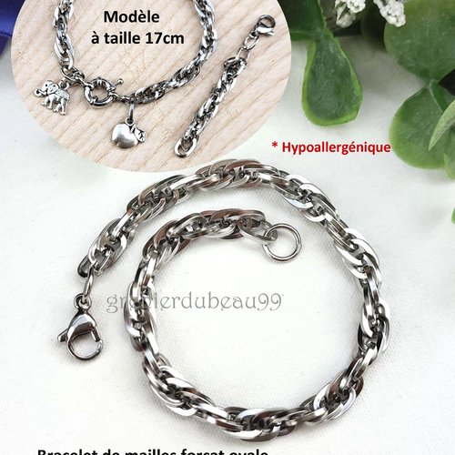 1 bracelet de mailles forçat, en acier inoxydable* 304, argent platine, l. 210 mm, ajustable.