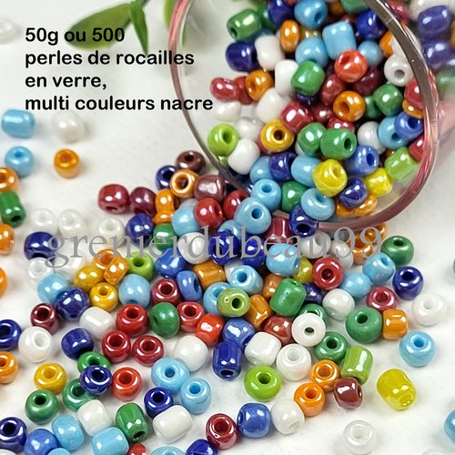 50g ou +- 500 perles de rocailles en verre, multi couleurs nacre, ø4mm, trou 1mm.