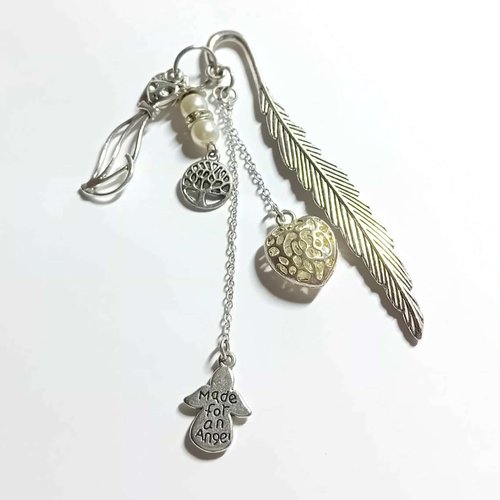 Marque-page plume argentée – thème ange & arbre de vie