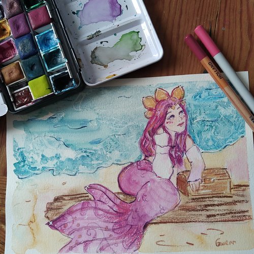 Aquarelle la siréne au trésor, exposition rive loire
