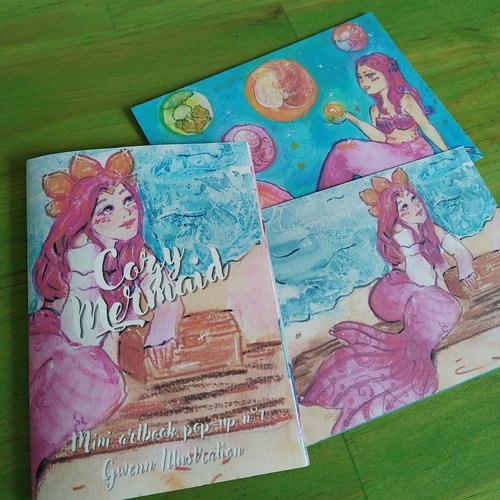 Mini artbook pop-up "cozy mermais"  + 2 cartes postales